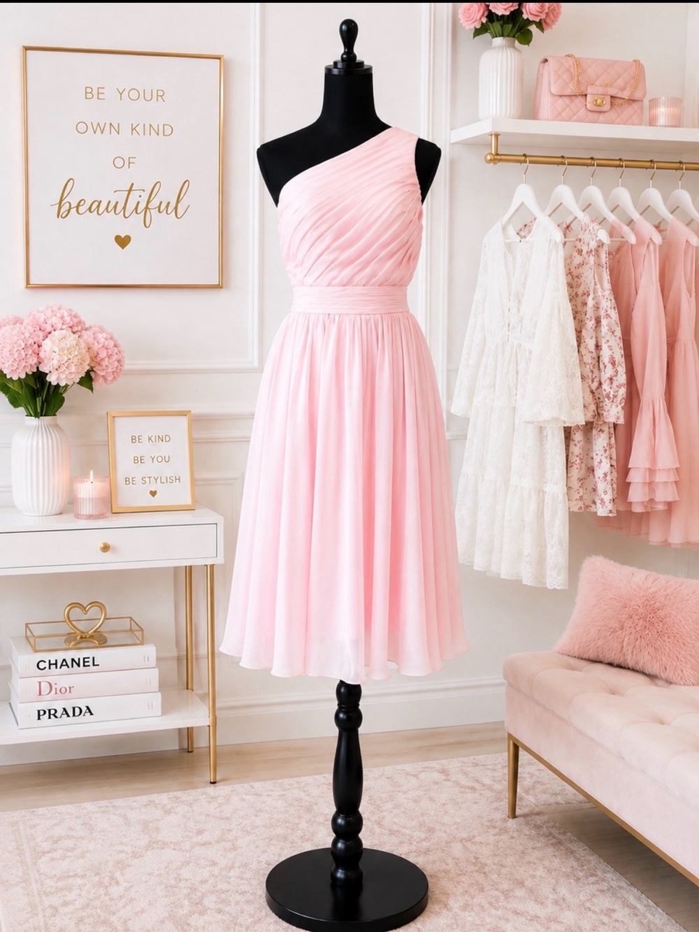 JJ HOUSE Soft Pink Chiffon Dress, fully lined one-shoulder, ruched